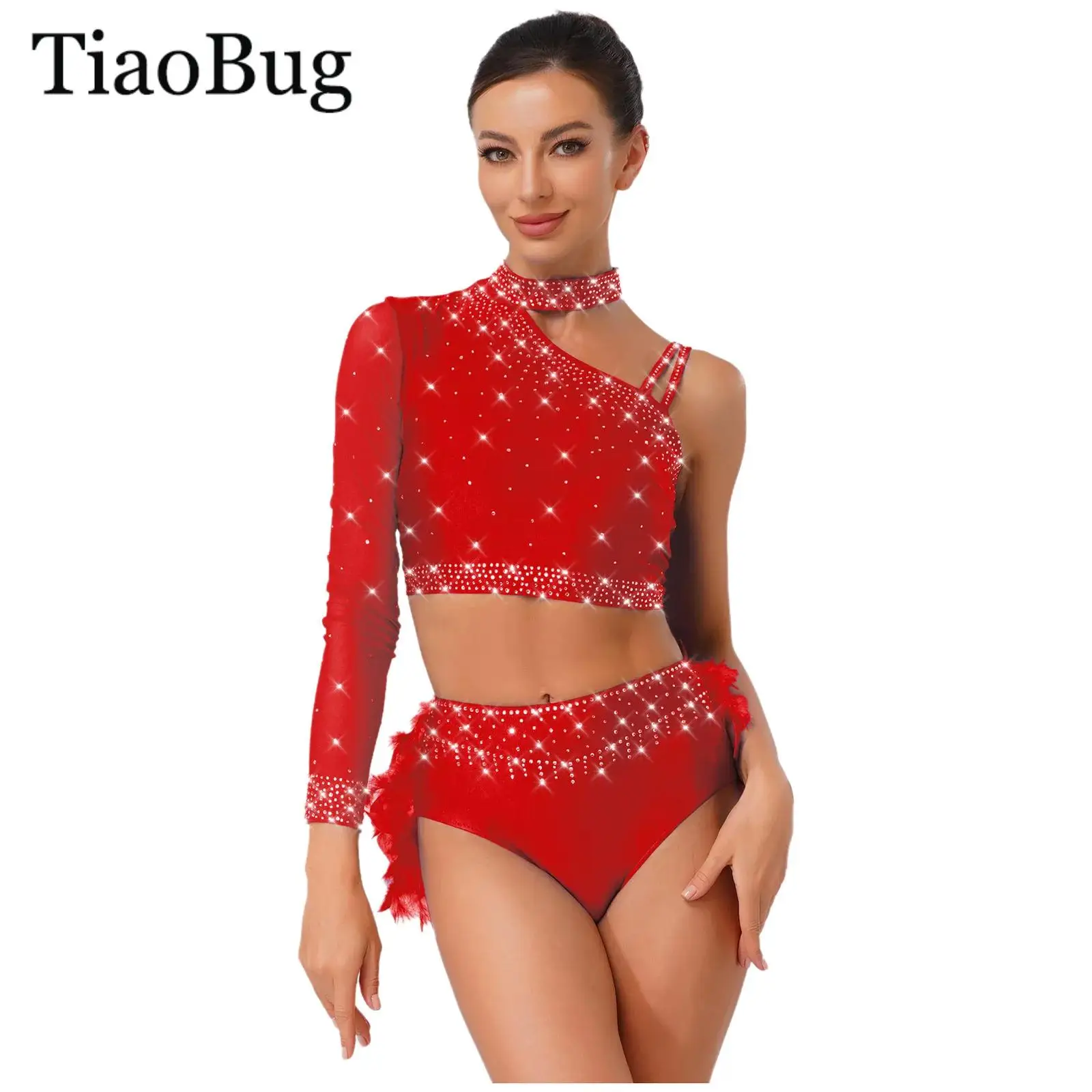 

Women Tango Latin Dance Outfits Rhinestone One Shoulder Long Sleeve Crop Tops with Feather Briefs Figure Skating Chacha Dancewea