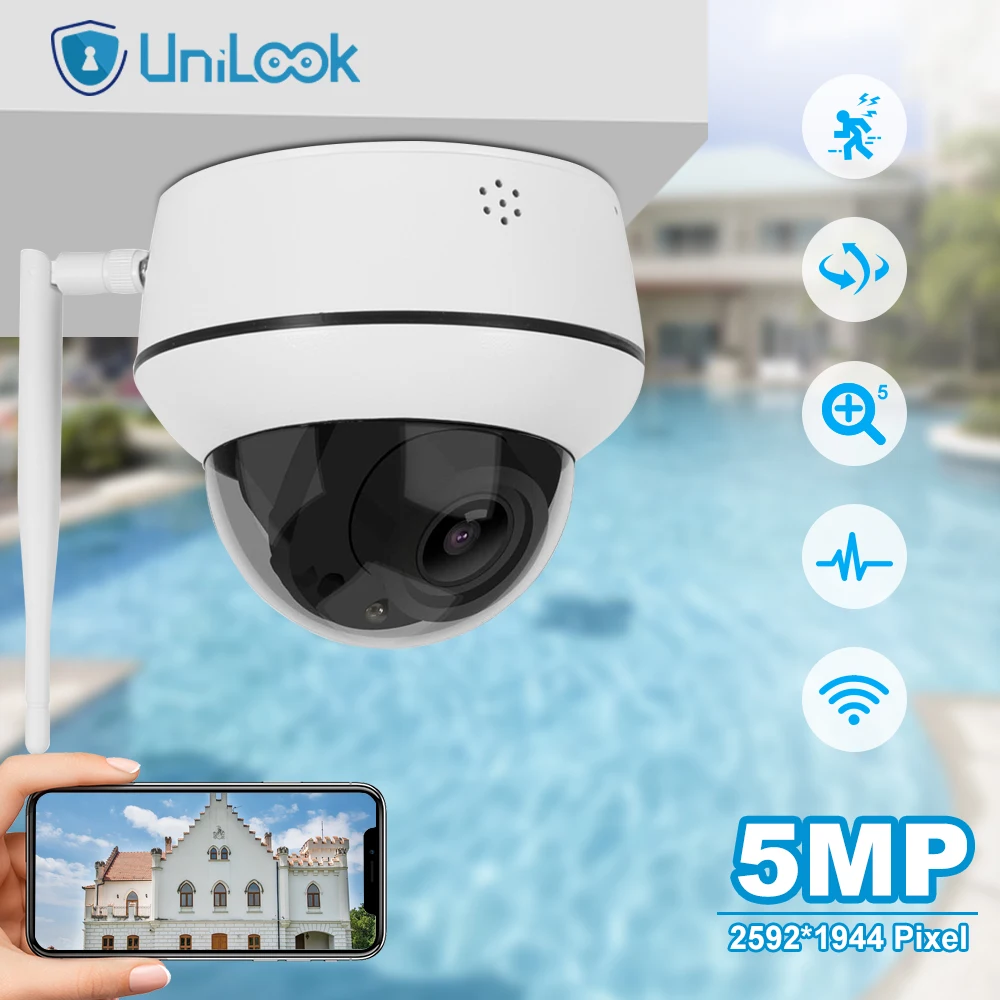 

UniLook 5MP Wireless Mini PTZ IP Camera 5x Zoom Outdoor Two-Way Audio Buit in SD Card Slot Wifi CCTV Videos Camera IP66 P2P View