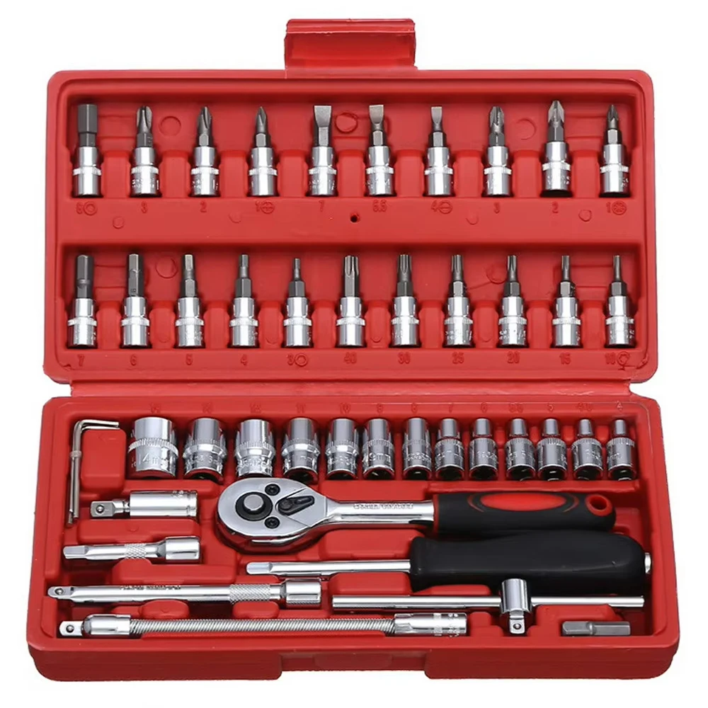 46PCS 1/4 inch Drive Socket Ratchet Wrench Set, with Bit Socket Set Metric and Extension Bar for Auto Repairing and Household