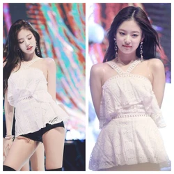 Kpop Girl Group Jennie Women Korean Style Jazz Dancewear Stage Costume White Lace Sling Dress Dancer Outfit Festival Clothing