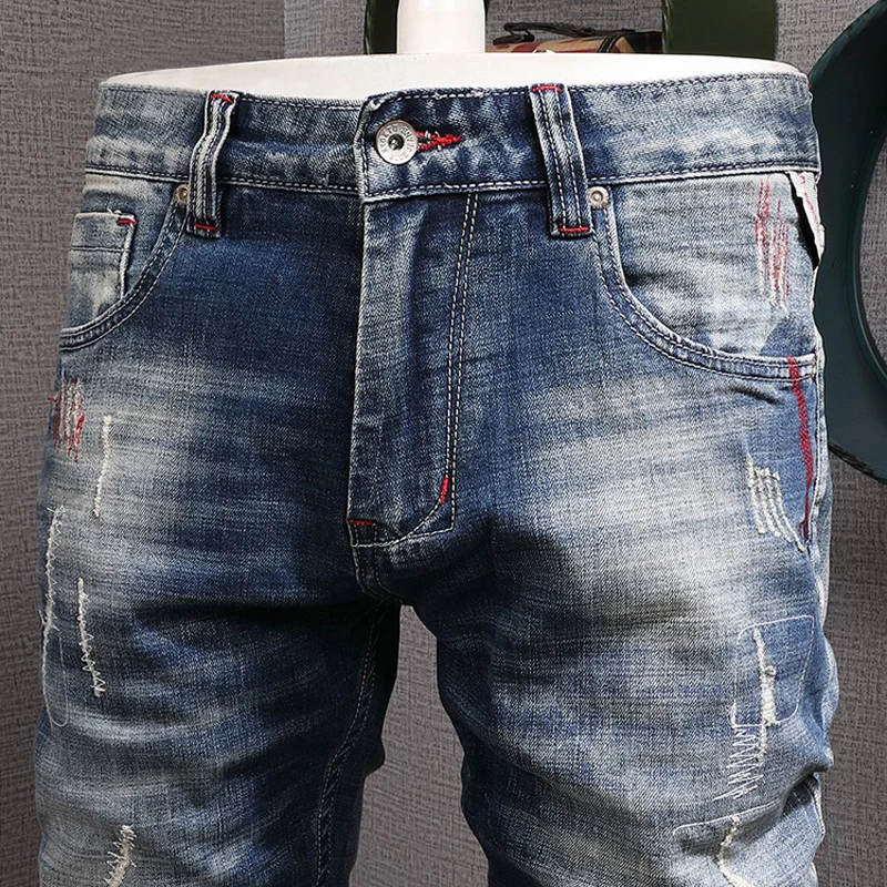 Fashion Vintage Men Jeans Retro Blue Plain Washed Elastic Slim Fit Ripped Jeans Men Embroidery Designer Trendy Denim Pants Homme