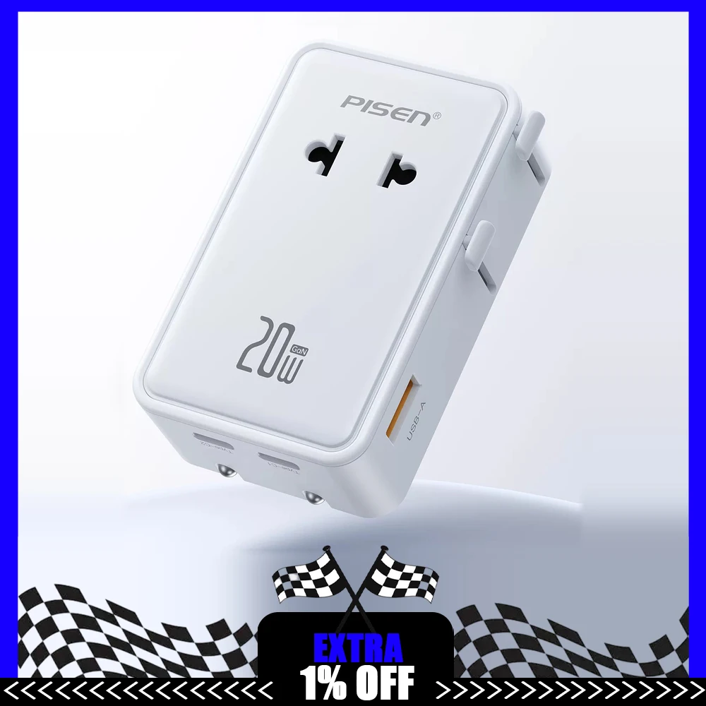 Pisen FYD-KF01 Travel Adapter 20W GaN Slim Universal AC Socket 2 USB-C 1 USB-A Charging Ports US EU UK AU Plugs 100-240V Input