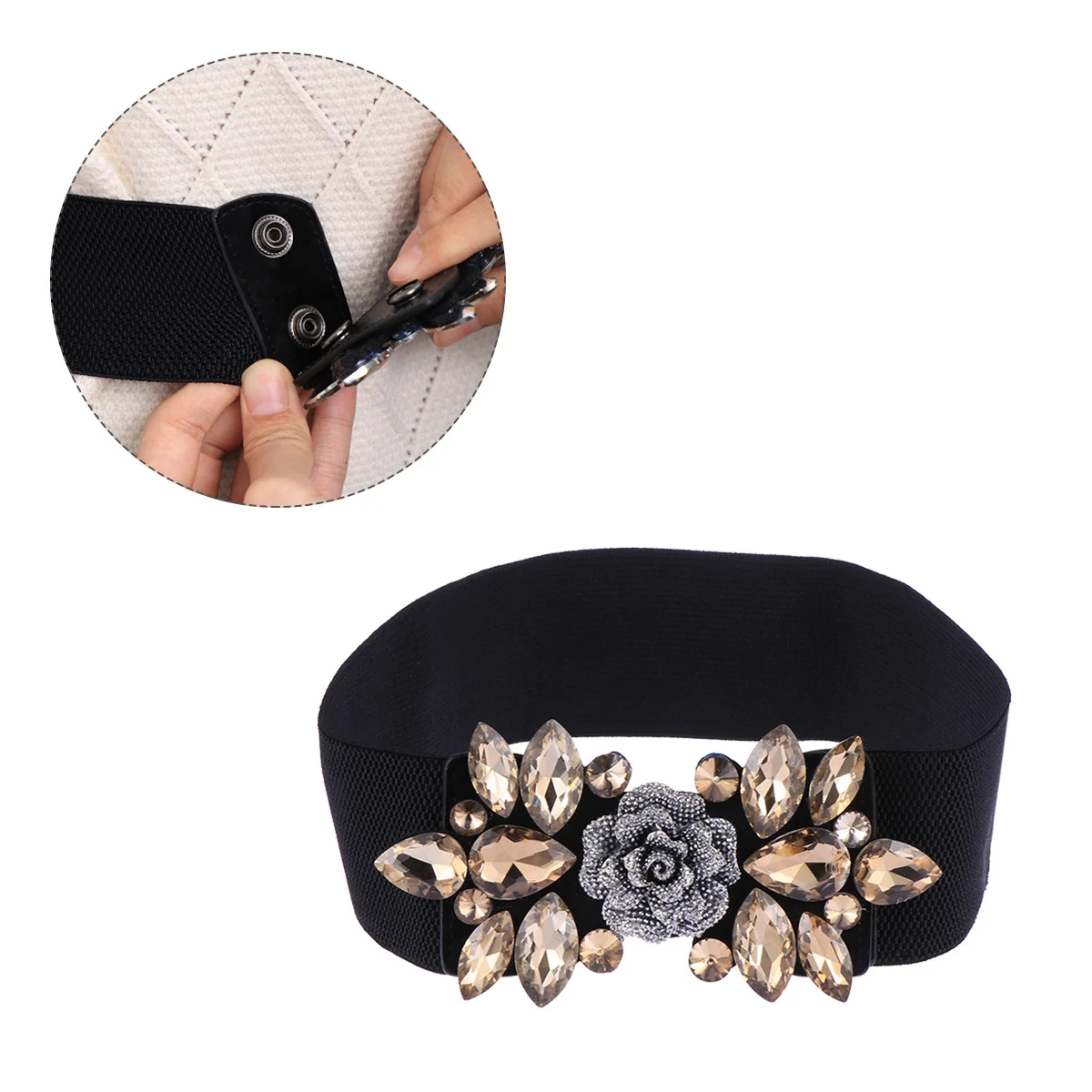 

Women's Elastic Waist Cinch Belt Floral Design Crystal Buckle Adjustable for Dress Skirt Jacket Fashion Accessory