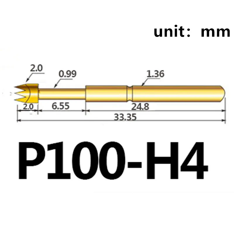100PCS P100-H4 Nine-jaw Plum Blossom Head 2.0mm Spring Test Probe Length 33.35mm for Testing Circuit Boards