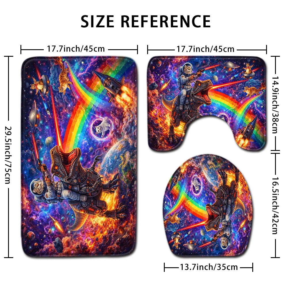 

Cool Astronaut Dinosaur Space Rainbow Bathroom Rug Set 3 Piece Non Slip Soft Bath Mat Toilet Seat Cover U Shaped Rug Home Decor