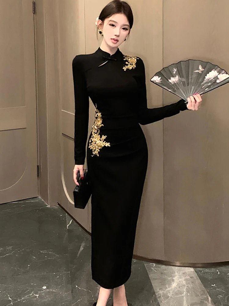 خريف شتاء أسود شيك الترتر طباعة فستان طويل 2025 الكورية خمر هيبورن مساء فستان المرأة أنيقة Bodycon مهرجان فستان #1