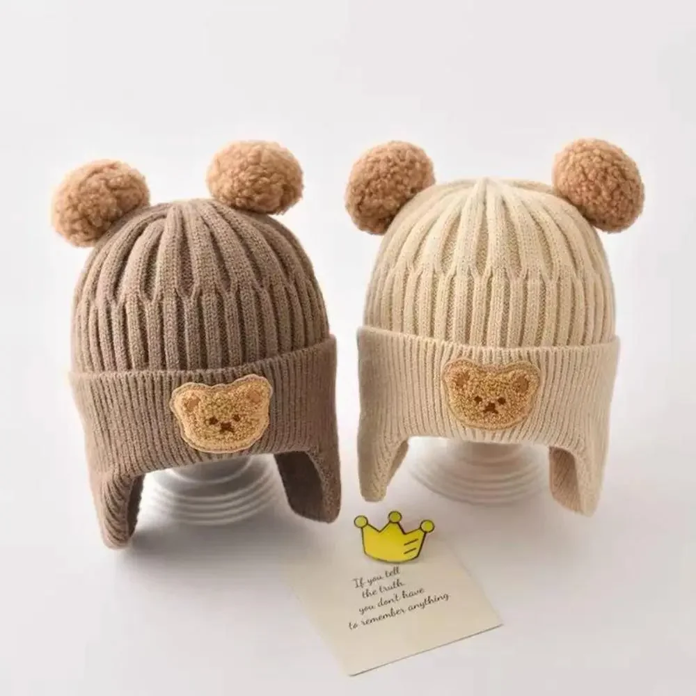 Korean Knitted Baby Cap with Earflaps Cute Bear Pompom Kids Hat Beanie Warm Autumn Winter Boys Girls Ear Protection Bonnet Caps