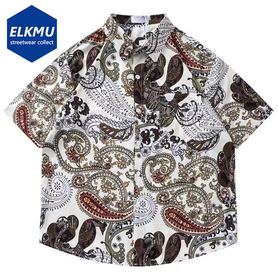 

Japan Harajuku Paisley Shirts 2024 Summer Men Casual Loose Short Sleeve Shirts Button Up Blouse Tops Hip Hop Oversized Shirts