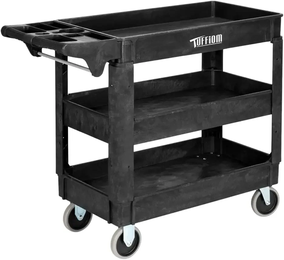 Plastic Service Utility Cart, Support 550lbs Capacity Ergonomic Handle, Heavy Duty Tub Storage Cart W/Deep Shelves, Mult