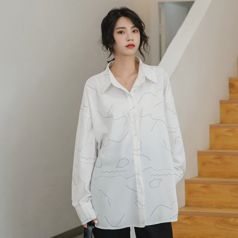 Camisa de manga larga con estampado de línea de un solo pecho para mujer, ropa de ocio, Simple, blanco, moda coreana, prendas de vestir exteriores, Tops de invierno