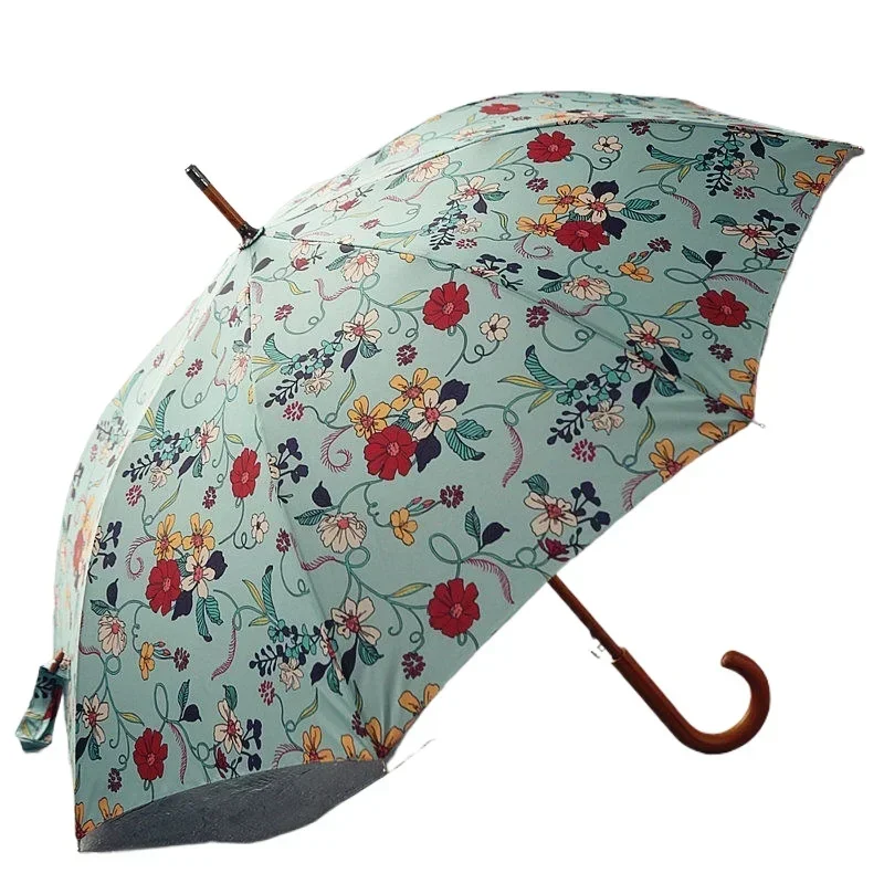 Umbrella dual-purpose women, new European retro wind green curved handle wooden straight rod umbrella automatic new product
