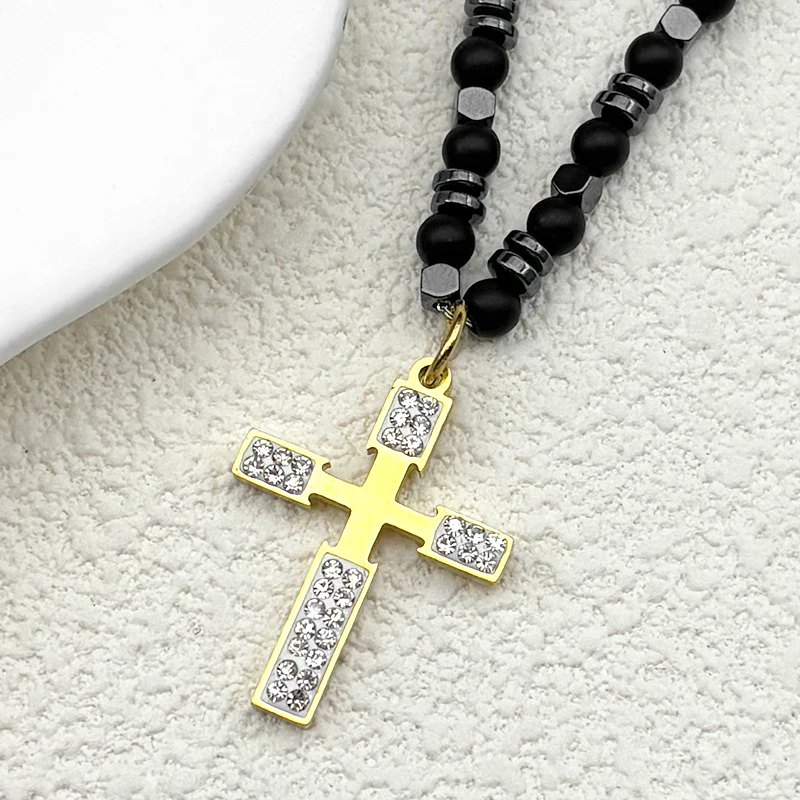 الدين الصليب حجر الراين سلسلة عنق للنساء الرجال الفولاذ المقاوم للصدأ الذهب اللون العصرية حفل زفاف القلائد مجوهرات الإكسسوار