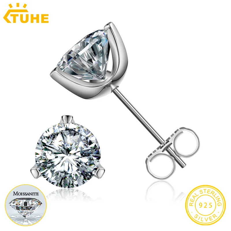 

TUHE VVS1 Round Moissanite Classic 925 Sliver Earring 3 Prongs Setting Earrings For Women Men GRA Certified Fine Jewelry