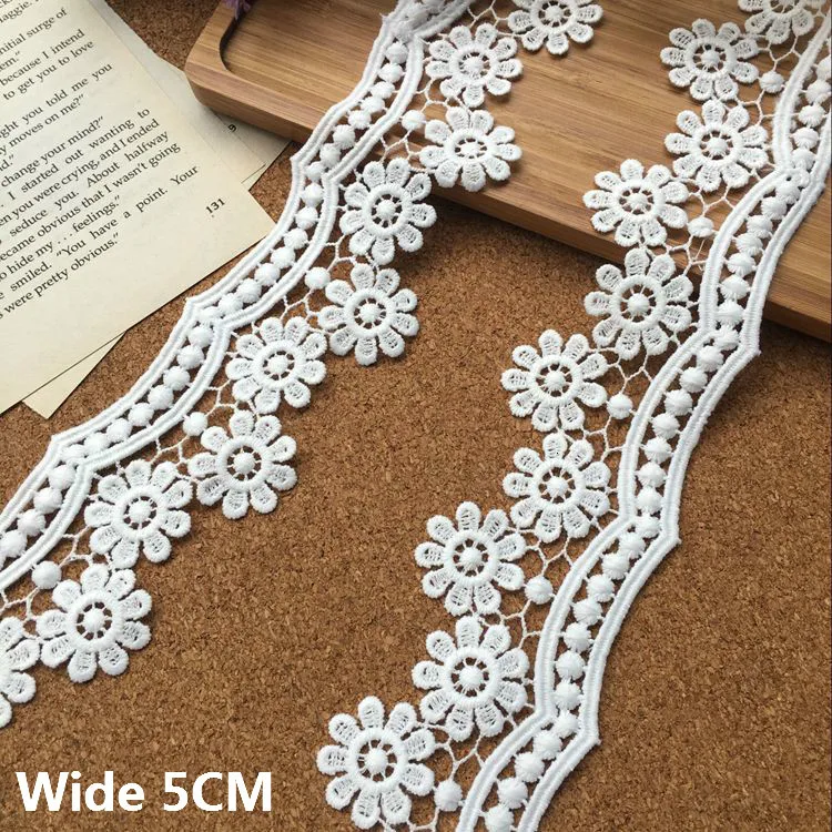 5CM Wide Beautiful White Cotton Embroidered Flowers Lace Fabric Wedding Dress Decorative Lace Edging Trim Ribbon Sewing Guipure