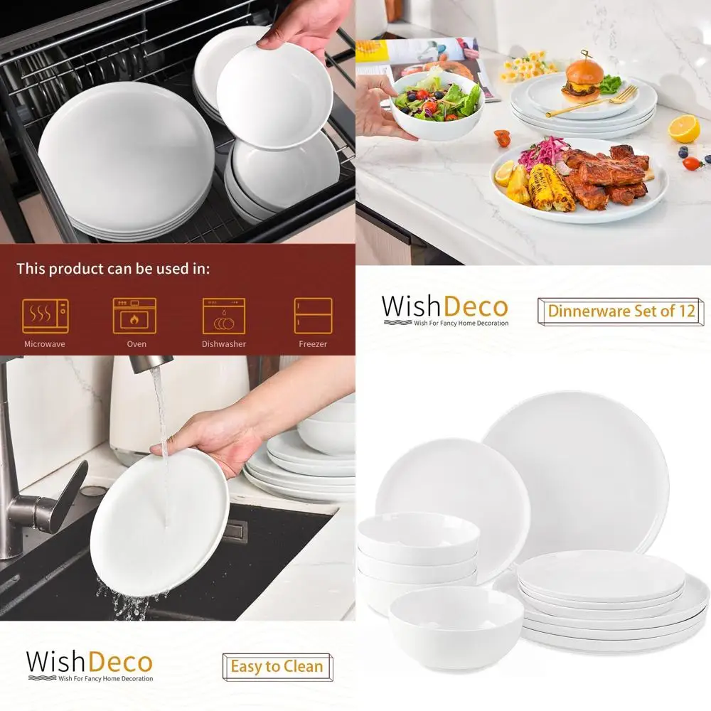 

12-Piece Ceramic Dinnerware Set for 4, White, Microwave & Dishwasher Safe