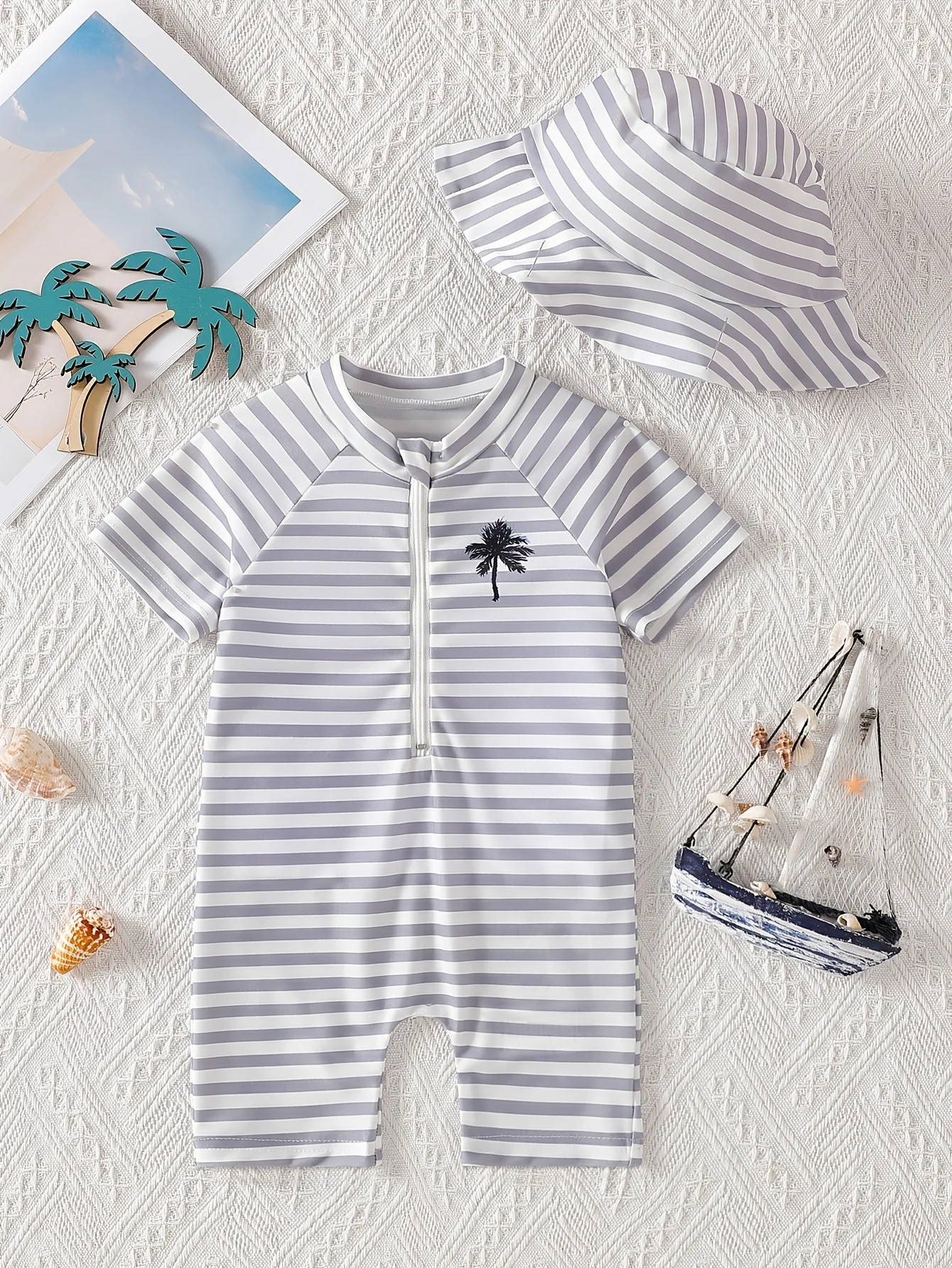 

Baby Boys Striped Swimsuit Jumpsuit Summer Outfit: Palm Tree Print Swimsuit + Sun Hat | Valentine's Day Gift / Birthday Gift