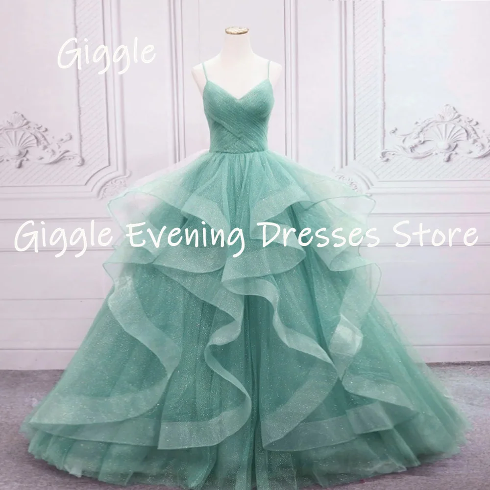 Giggle Elegant Bling Tulle Spaghetti Strap Tiered Evening Party Dresses Lace-up Back A-line Prom Party Dresses Graduation Ball