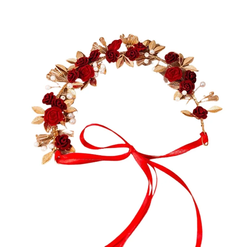 Toast retro headgear bridal wedding Chinese dress hair accessories French rose burgundy flower gift hairpin headband