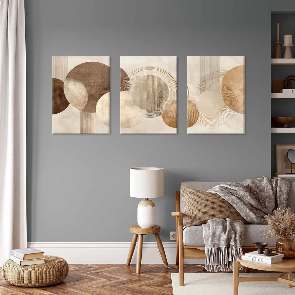 Multi-size 3PCS frameless high-definition decorative paintings,3PCS Earth Tone Abstract Canvas Print, Boho Circle Geometric Art