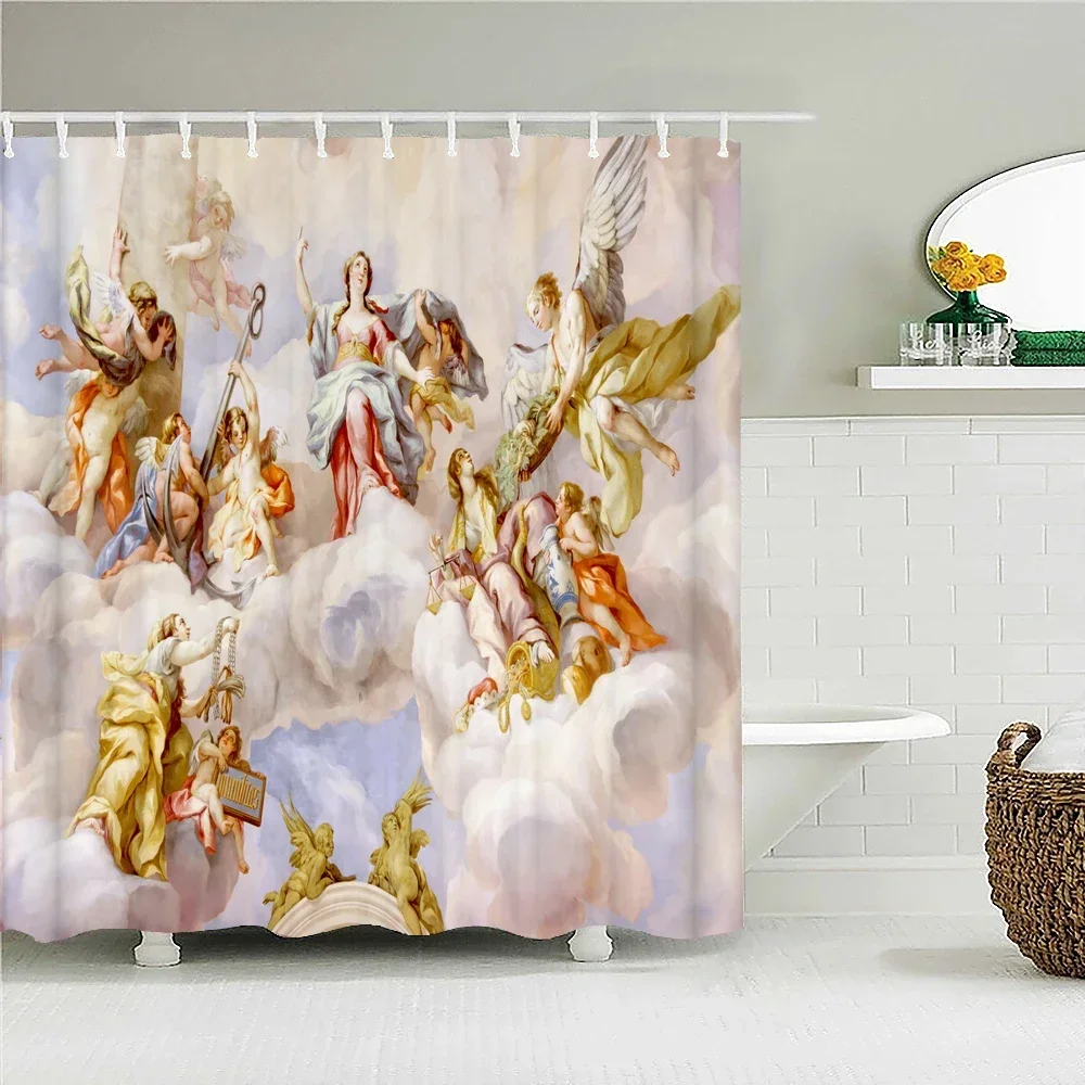 European Oil Painting Printed Fabric Shower Curtains Angel Mural Scenery Bath Screen Waterproof Wall Bathroom Decor with Hooks