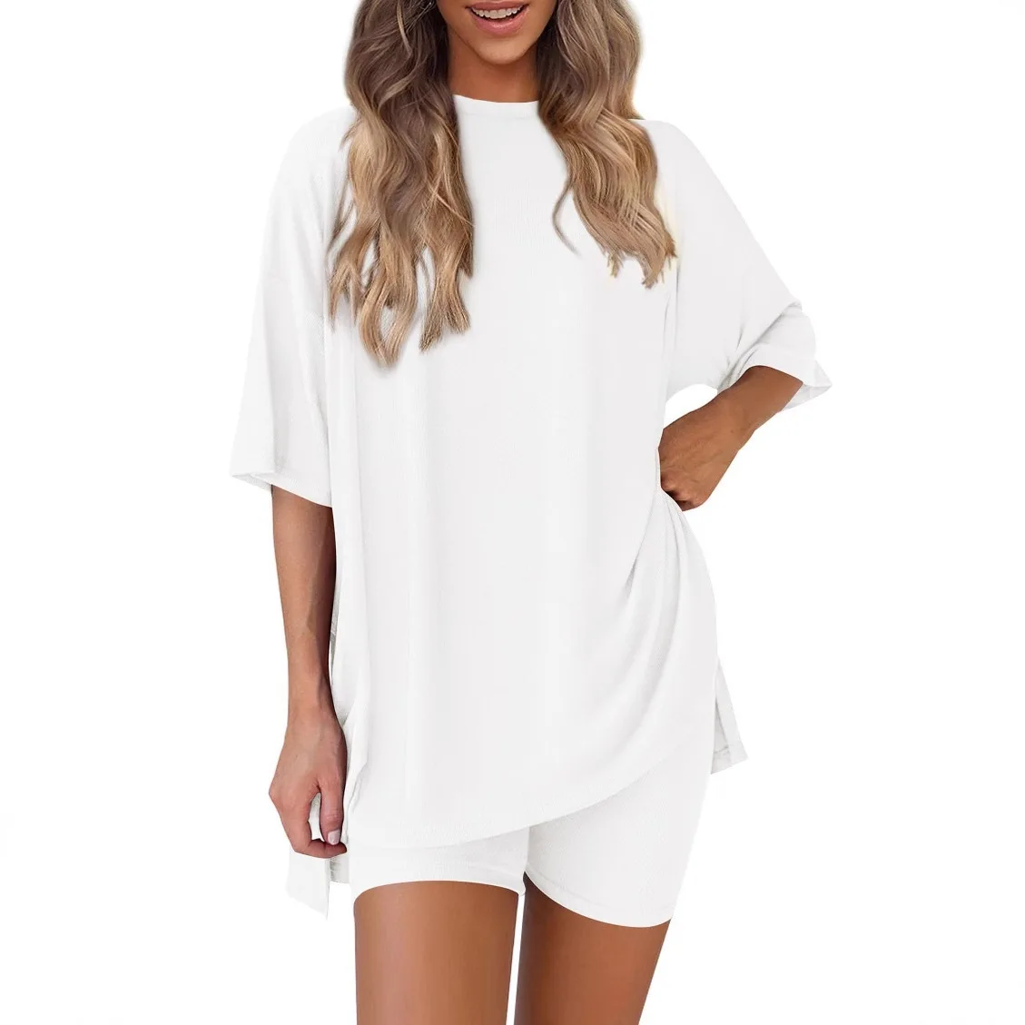 2026 Women's Oversized Two Piece Outfit Summer Casual Loose T Shirt And Biker Shorts Set Loungewear image 2
