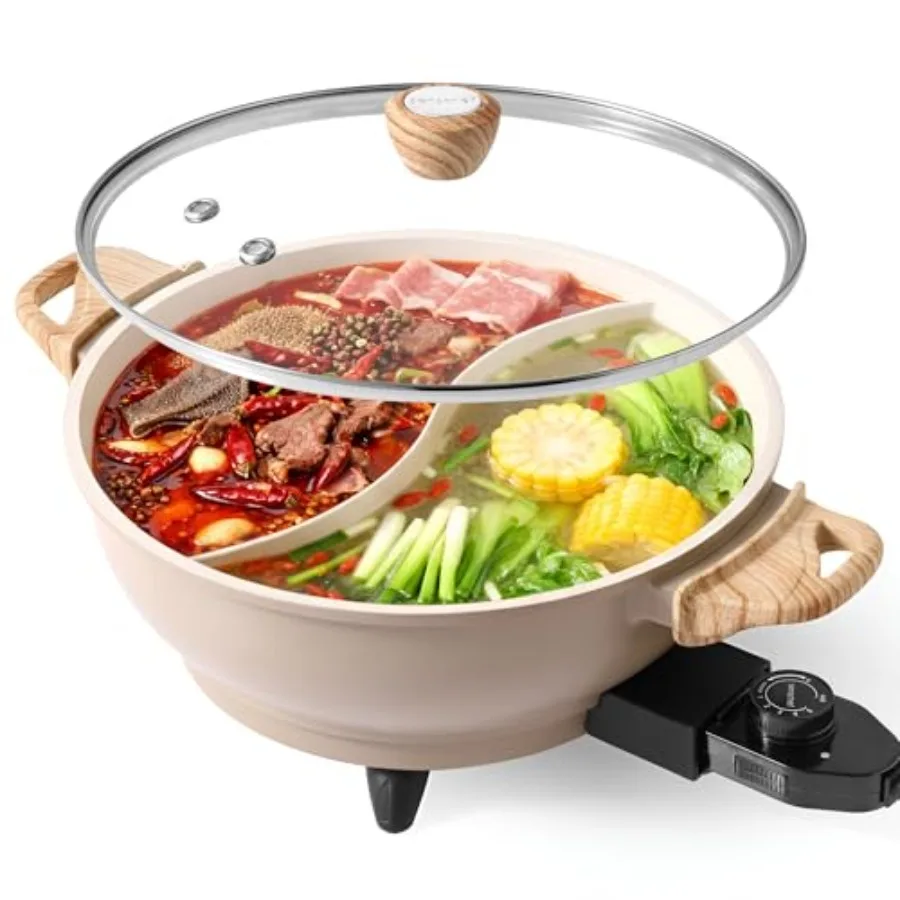 TWIN ™ Olla Eléctrica con Separador, Libre de PFAS, Antiadherente, Cuerpo de Aluminio Fundido con Calor Uniforme, 1500W, Calentamiento Rápido, Shabu Sha de Doble Sabor