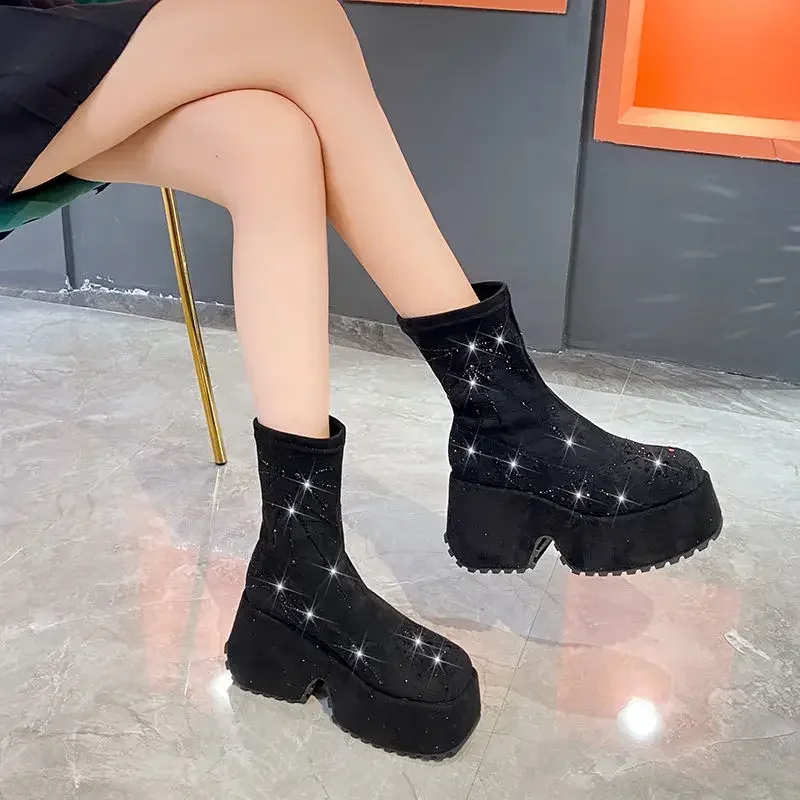 Top Quality Women Elastic Boots Casual Ankle Boots Women Rhinestone Sneakers Black Botas Mujer Plus Size Crystal Botines