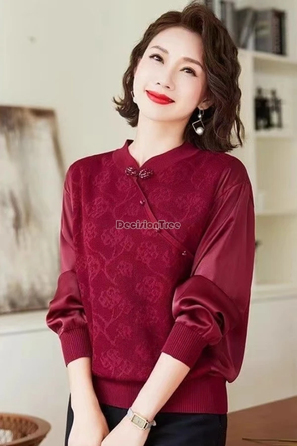 

2021, весенне-осенняя вязаная новая женская элегантная модная блузка Ципао в китайском стиле с воротником-стойкой и длинными рукавами в стиле ретро