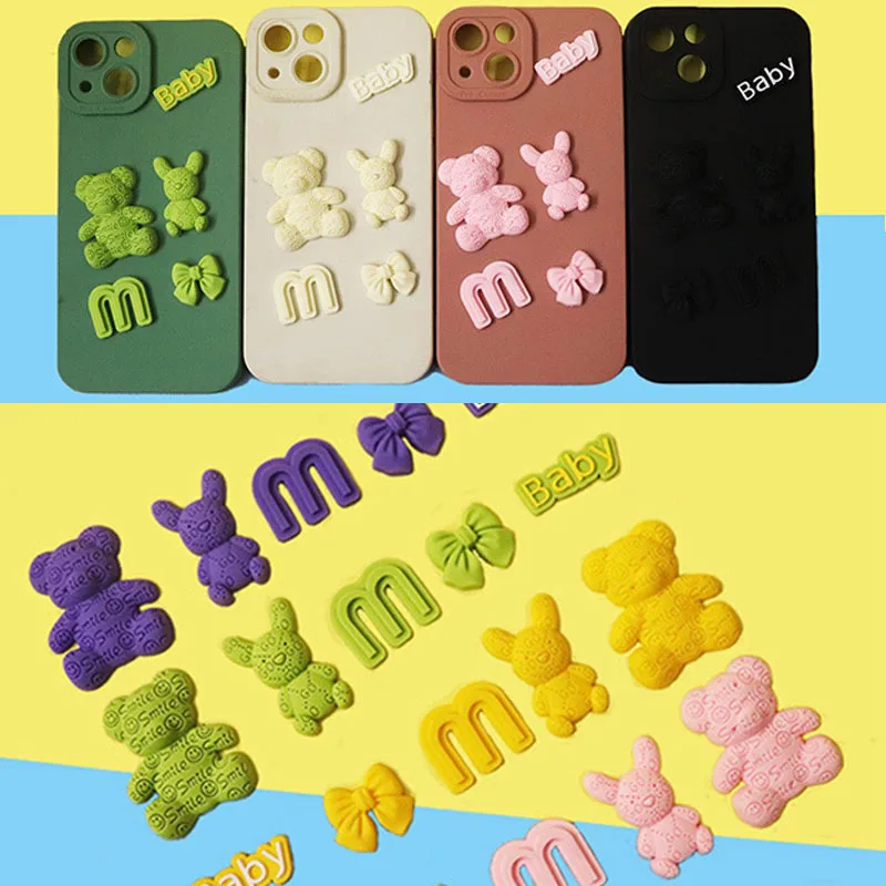 1lot=50sets Silicone Cute 3D Smile Bear Bow Cell Phone Case Sticker Accesorries Self-Adhesive Phone Cover Decorative Sticker