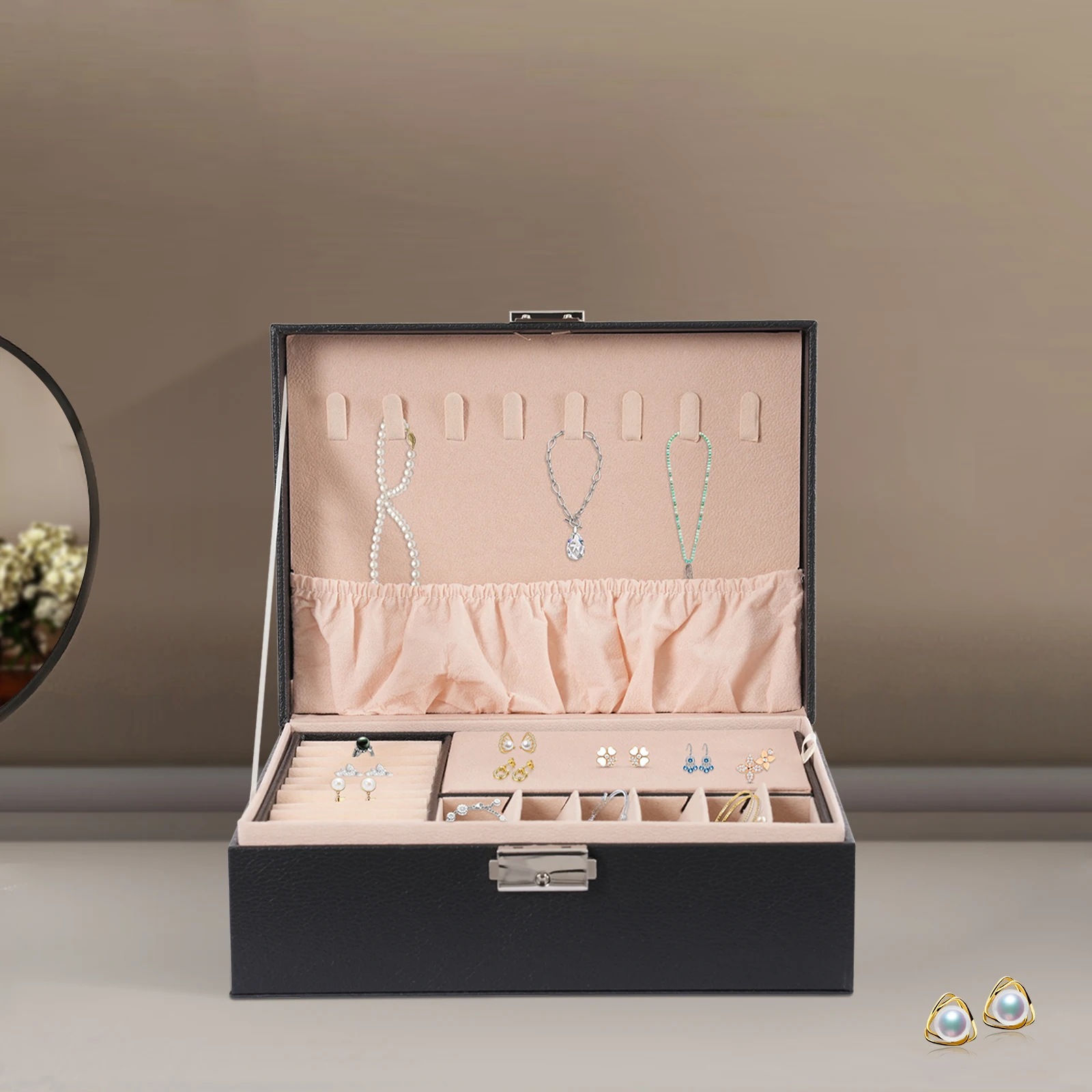 

Black Jewelry Box, Women and Girls Jewelry Organizer, Double Layer Velvet Travel Jewelry Organizer for Earrings, Necklaces