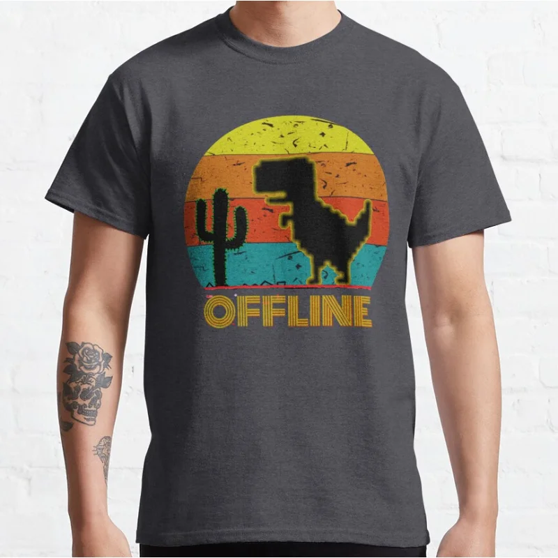 Funny 404 Trex cactus offline vintage retro 90s cartoon pixel video game dinosaur T-shirt for men large size Adult Tops S-6xl