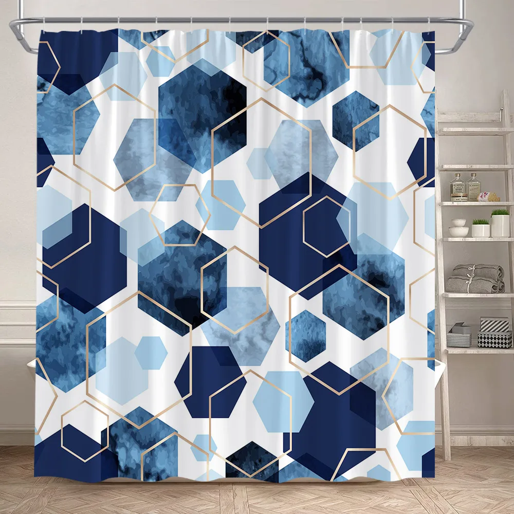 Blue Cube Shower Curtain Modern Geometric Bathroom Curtains Golden Line Nordic Art Polyester Fabric Home Decor Set with Hooks