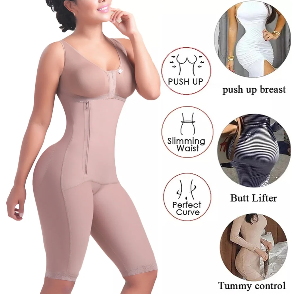 Fajas Colombianas Women Tummy Control Body Shaper with Side Zipper Full Body Underwear Postpartum Waist Trainer Shapewear