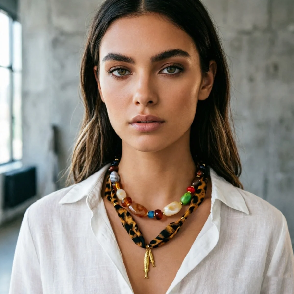 Leopardenmuster-Schalband-Halskette mit Acrylperlen und Edelstahl-Fischanhänger für Damen, Maillard Unregelmäßiger Perlen-Choker-Schmuck – Detail 17