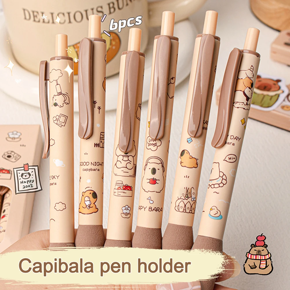 6PCS/Box ST Tip Capybara Neutral Pen Soft Cloud Grip Press Type Ballpoint Pen School Supplies Quick Drying Writing Tools Student