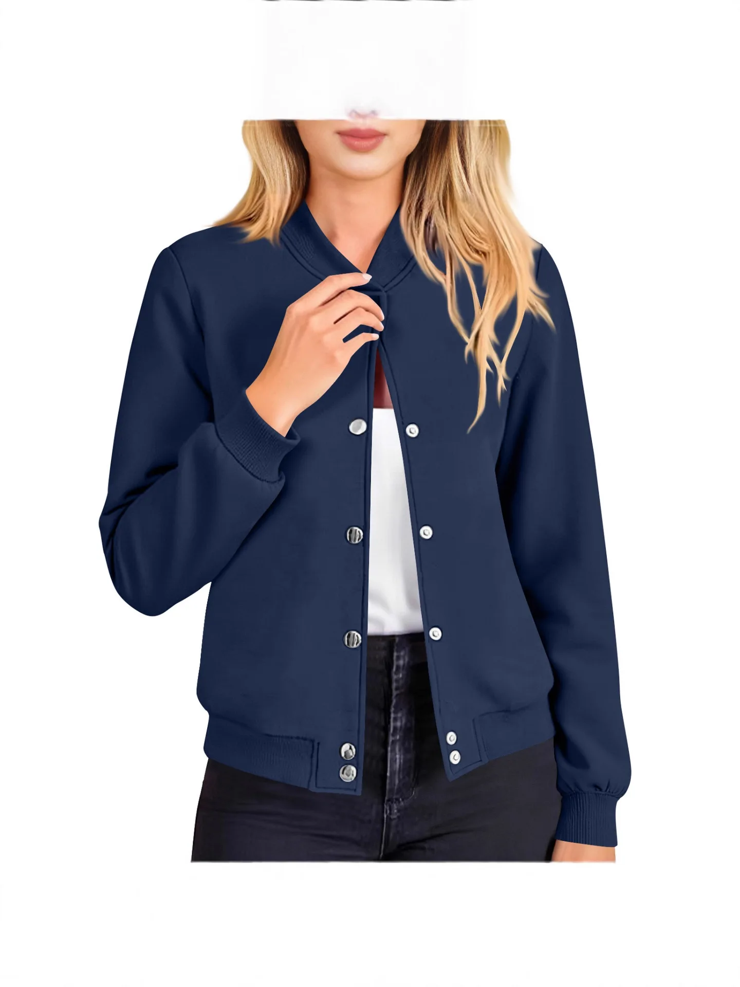 Women Solid Color Bomber Jacket Stand Collar Long Sleeve Button Down Casual Short Outerwear