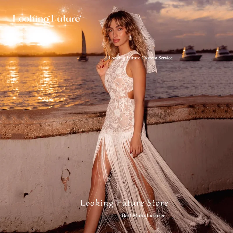 ボヘミアンレースアップリケマーメイドアイボリーウェディングドレスシンプルなOネックノースリーブフォーマルプリーツタッセルオープンバックイリュージョングロウンカスタマイズ