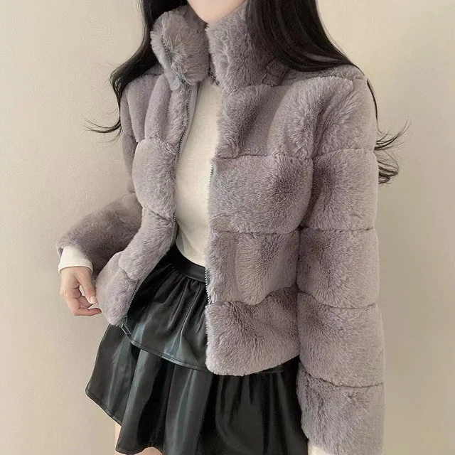 Faux Fur Coat for Women 2024 Autumn Winter Short Faux Rabbit Fur Plush Short Top Warm Furry Cropped Faux Fur Coats Fluffy Jacket