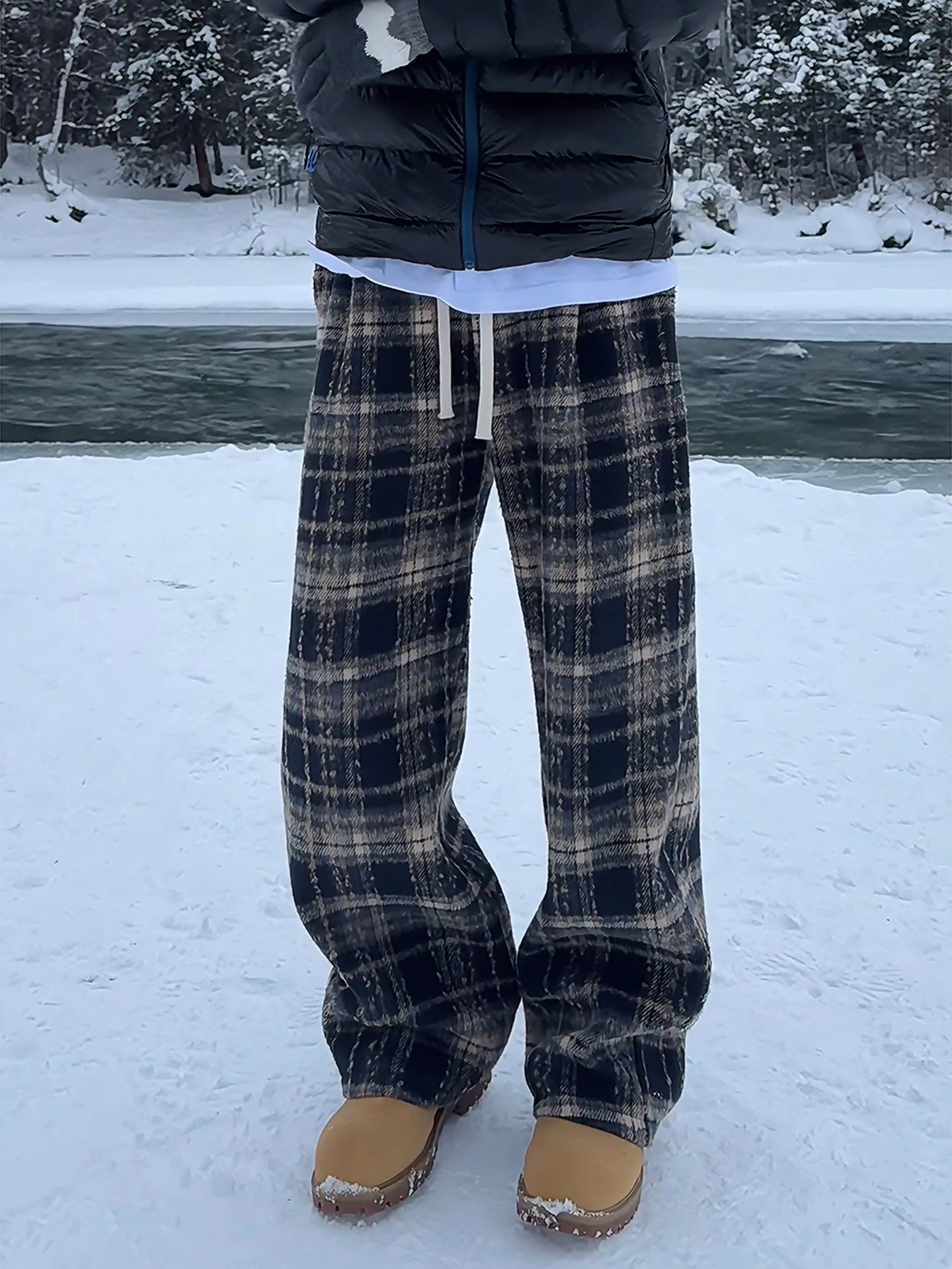 

Мужские зимние повседневные брюки из трикотажного твида с начесом, прямые, широкие, свободного кроя, комфортные, из полиэфирного волокна