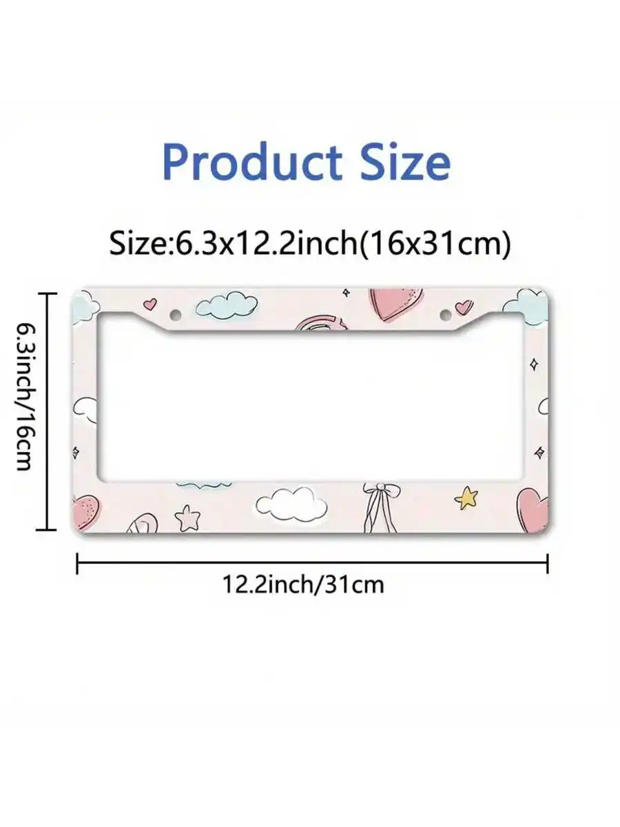 2D Flat Metal License Plate Frame Cover With Ballet Doodle Design (Hearts, Stars, Bows, Tutus & Ballerinas) - Pink & White