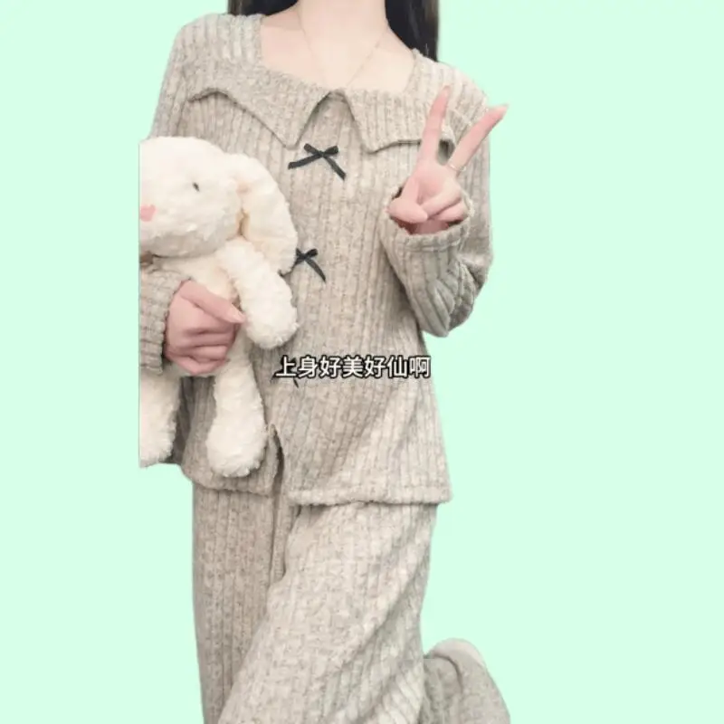 Hot 2026 New Women Plus Size Autumn Winter Long Sleeved Sleepwear with Chest Cushion Thickened Warm Loose Comfort Home Suit Set