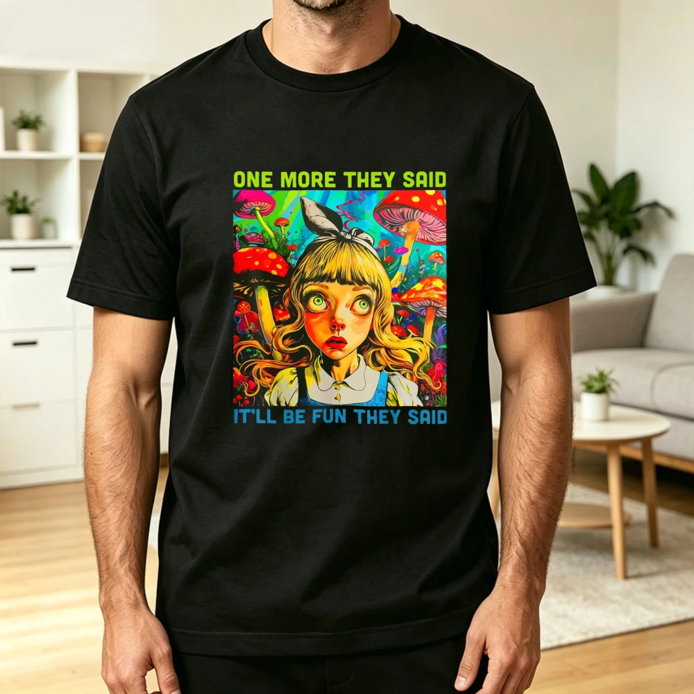 Psychedelic Girl Wild Mushroom Print T Shirt Men Funny Trippy Slogan Text Minimal Weird Nature Casual Streetwear Tops