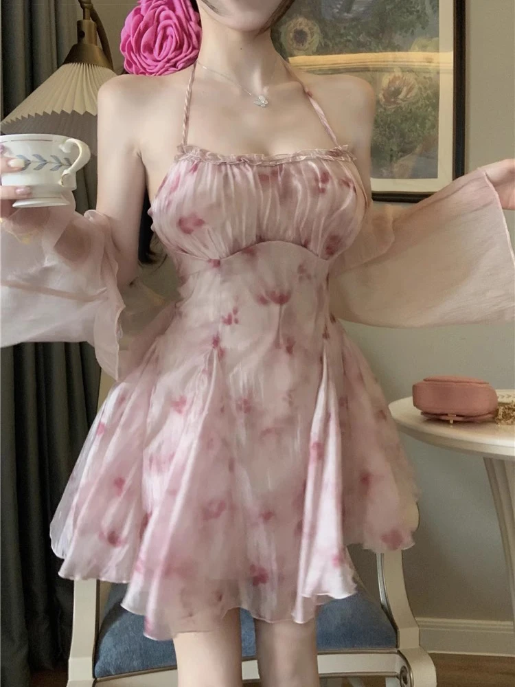 REDDACHiC Pink Floral Chiffon Mini Dress Women Slim Fit Bandage Halter Draped Ruffle Frill Trim Desire One-piece Summer Clothes