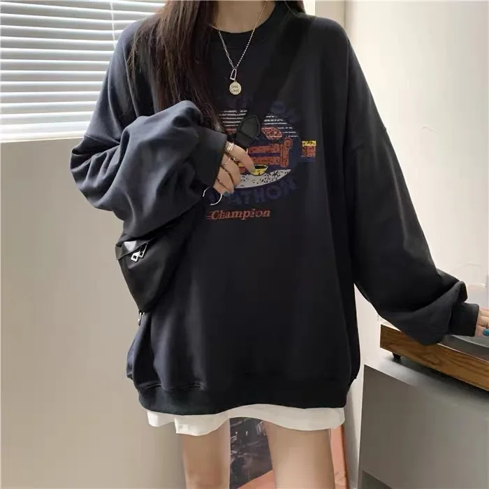 Autumn Women's Thin Vintage Print Casual Hoodies T-Shirts Street Style Long Sleeve round Neck Cartoon Pattern Straight Cut
