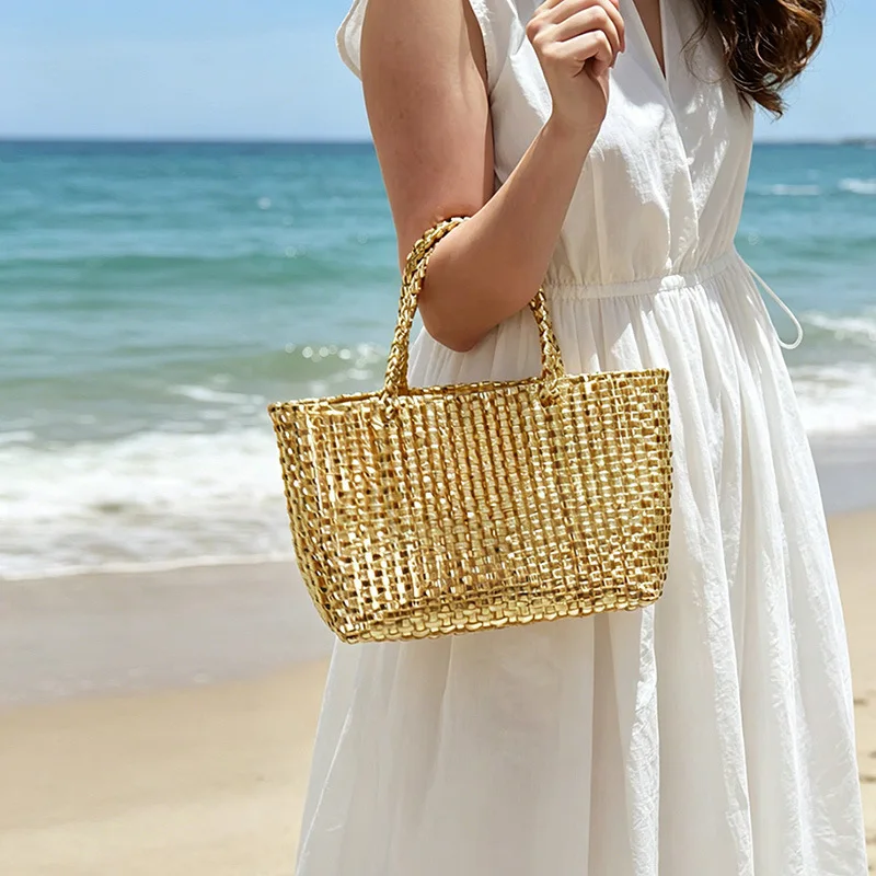2026 New Fashionable Metallic Handheld Large Capacity Woven Bag Simple and Elegant Women's Seaside Vacation Beach Bag 3