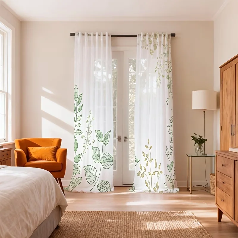 2PCS Digital Printed Sheer Curtain, Green Outline Tree Branches, Line Art Botanical Sketch for Living Room Bedroom Home Decor