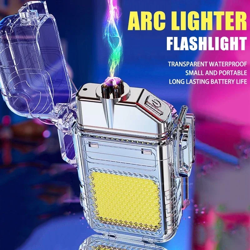 Waterproof and Windproof Double Arc Lighter Flashlight USB Rechargeable Lighter Outdoor Camping Lighting Tool Men\'s Gift