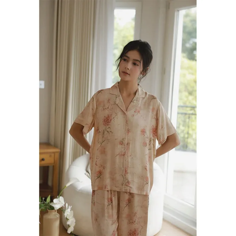 2024 Satin Cardigan Loungewear Rose Print Long-sleeved Home Clothes Turn-down Collar Viscose Silk Pajamas for Women Sleepwear