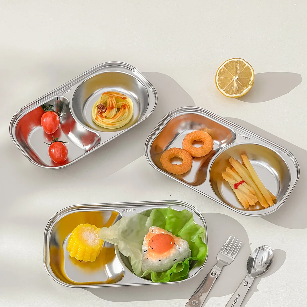 WORTHBUY 304 Stainless Steel Mini Divided Salad Plate Stackable Cute Kids Dinner Plate Snack Dessert Food Plate Dishes Tableware