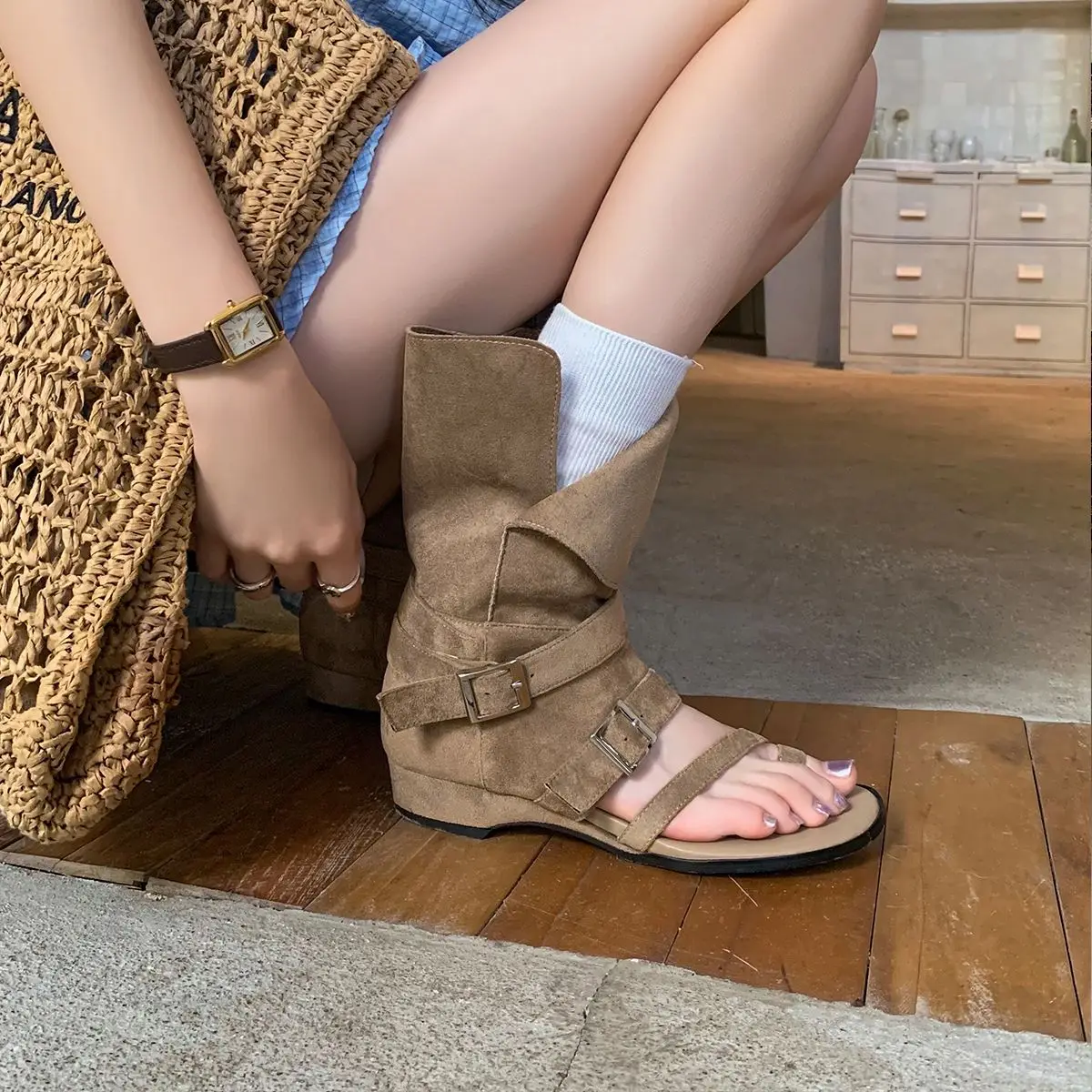 2026 summer apricot suede cover toe belt buckle short boots~ round head flanging sleeve medium heel cool boots large size short